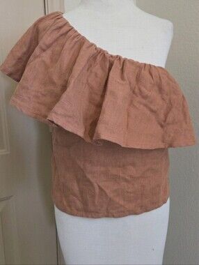 Beaumont Organic Terracota One Shoulder ruffle Linen Top M